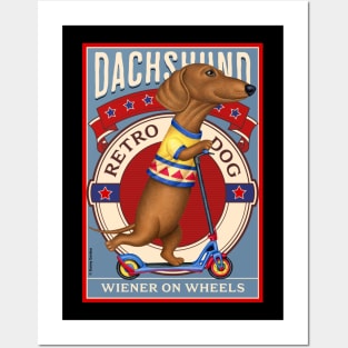 Cute Dachshund Retro Dog Wiener on Wheels Posters and Art